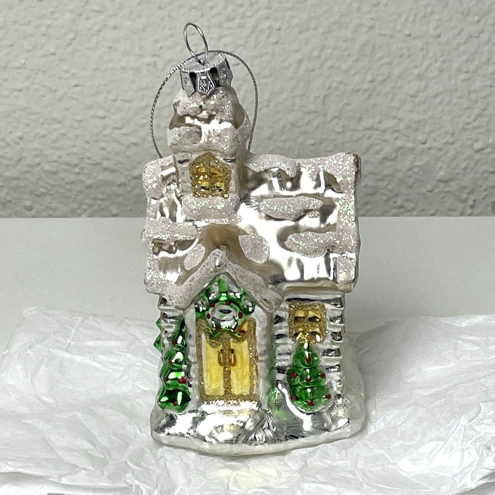 Chapel Church House Glitter Snow Glass Christmas Ornament Tree Decor 4.5"